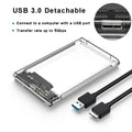 2.5-inch transparent USB 3.0 SATA hard drive enclosure case with USB cable shown