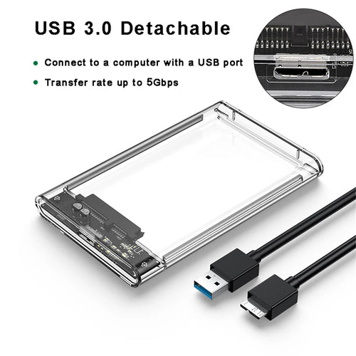 2.5-inch transparent USB 3.0 SATA hard drive enclosure case with USB cable shown