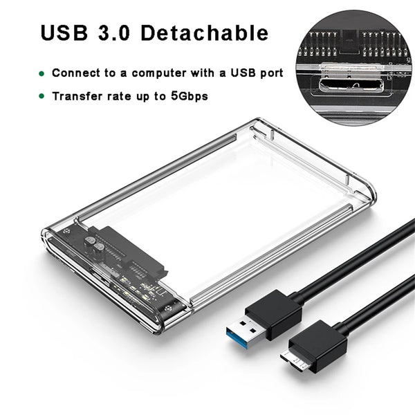 2.5-inch transparent USB 3.0 SATA hard drive enclosure case with USB cable shown