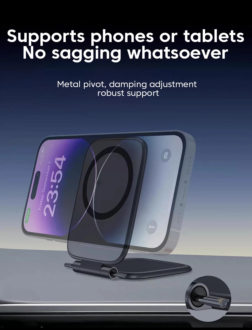 Black magnetic phone holder stand with pivoting metal base for phones or tablets