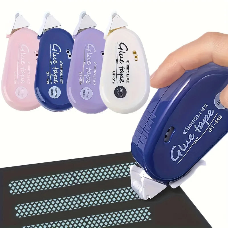 Four double-sided adhesive tape dispensers in pink, blue, lavender, and white