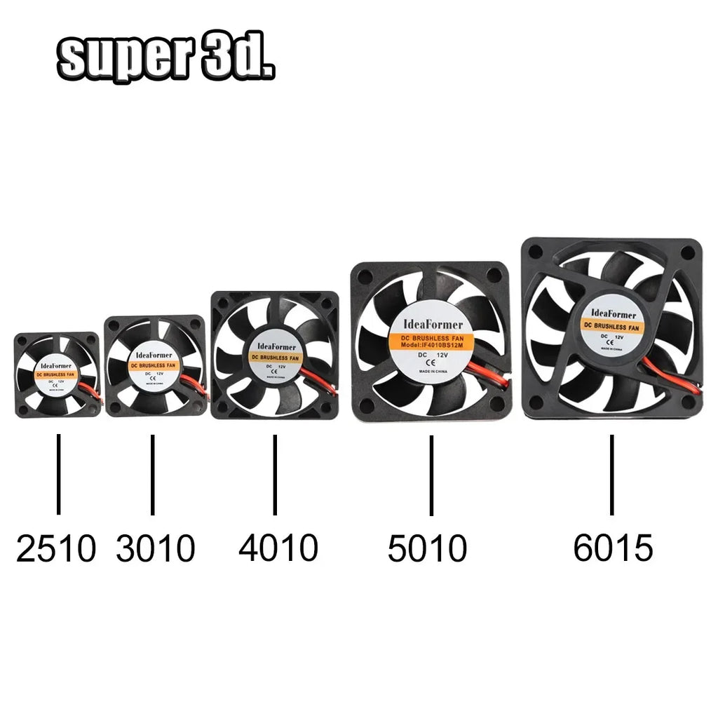 Assorted black square DC cooling fans lineup with red/black wire leads