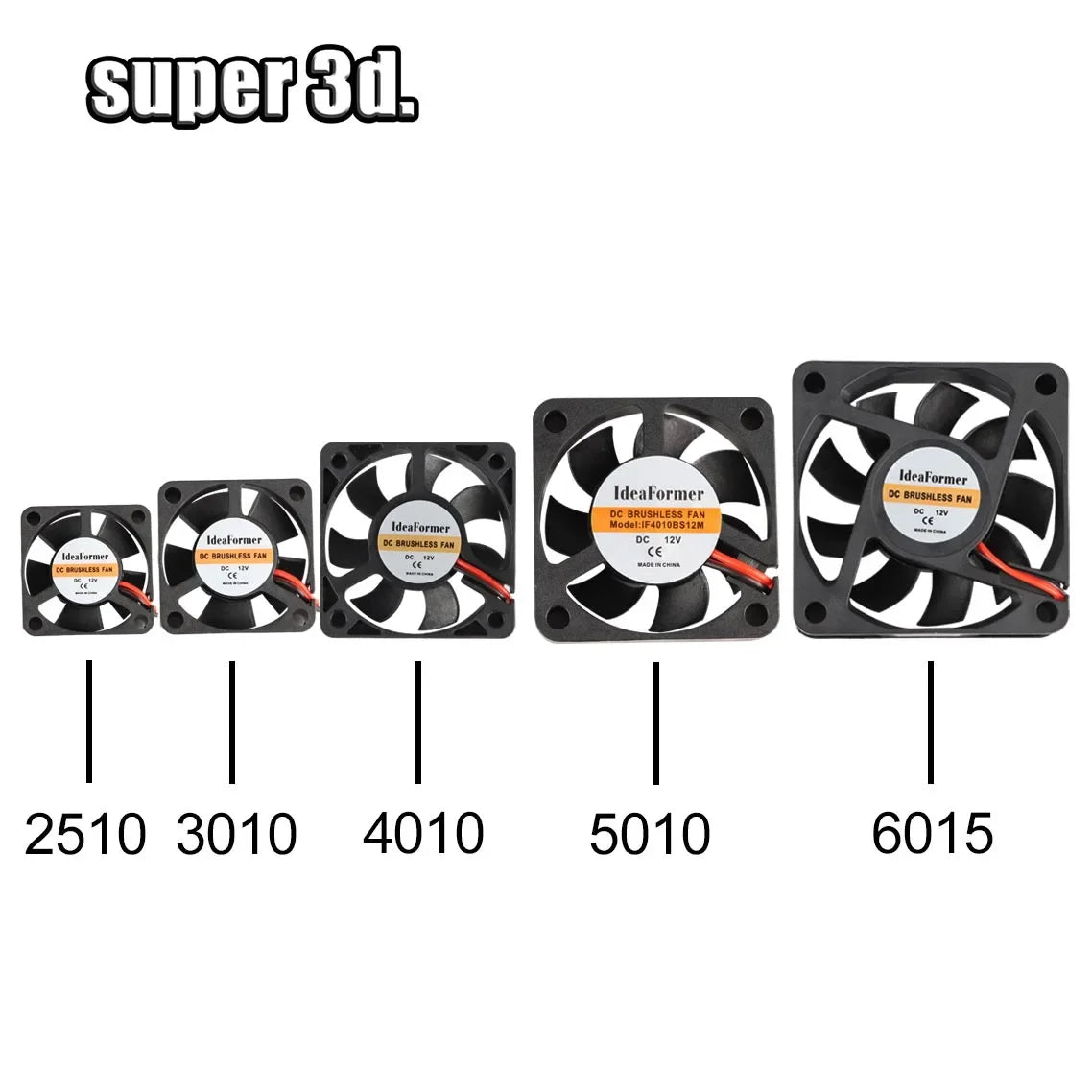 Assorted black square DC cooling fans lineup with red/black wire leads