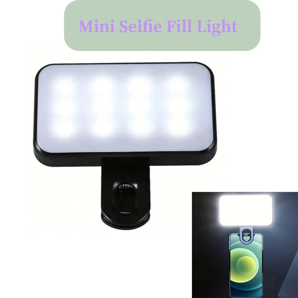 Black clip-on mini selfie fill light with rectangular LED panel, rechargeable