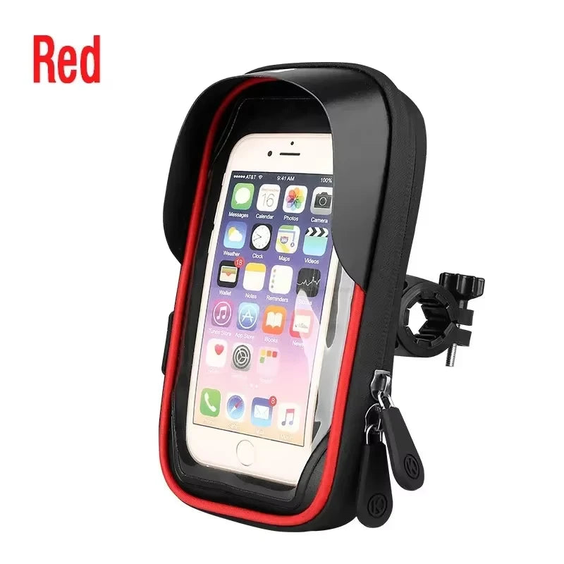 Red waterproof phone mount case with clear screen window and handlebar mount