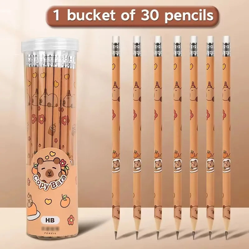 Capybara cartoon HB wooden pencils, 30-pack in clear tube with multiple pencils