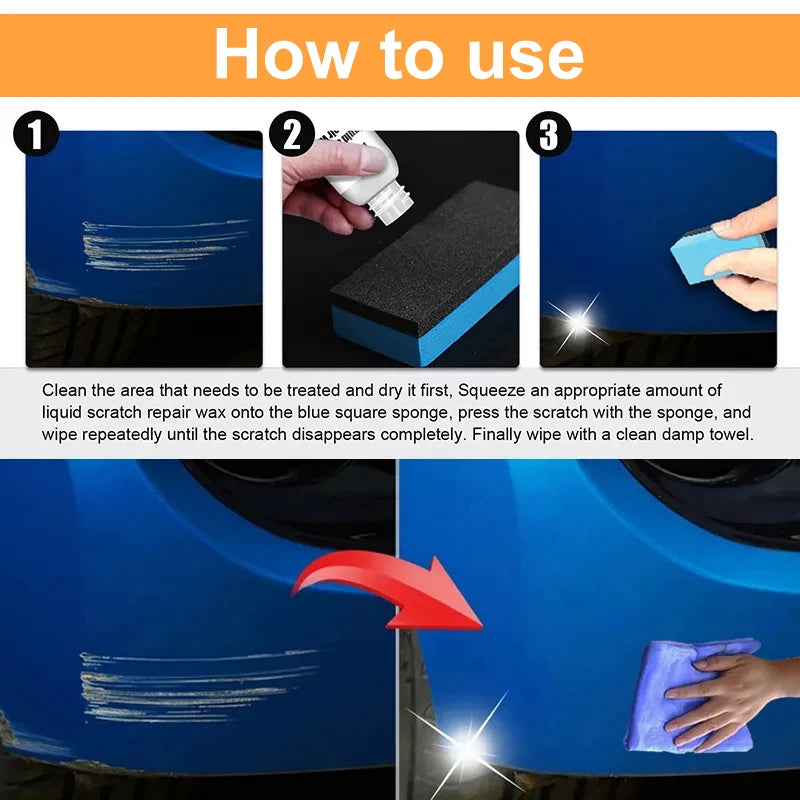 Auto scratch remover kit instructions showing sponge use on a car finish