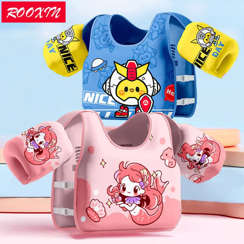 Inflatable swim vest with arm floats, pink and blue cartoon design, adjustable straps