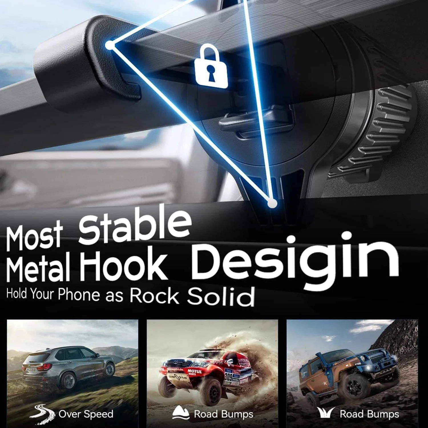 Black metal hook magnetic wireless car phone charger mount with blue lock light