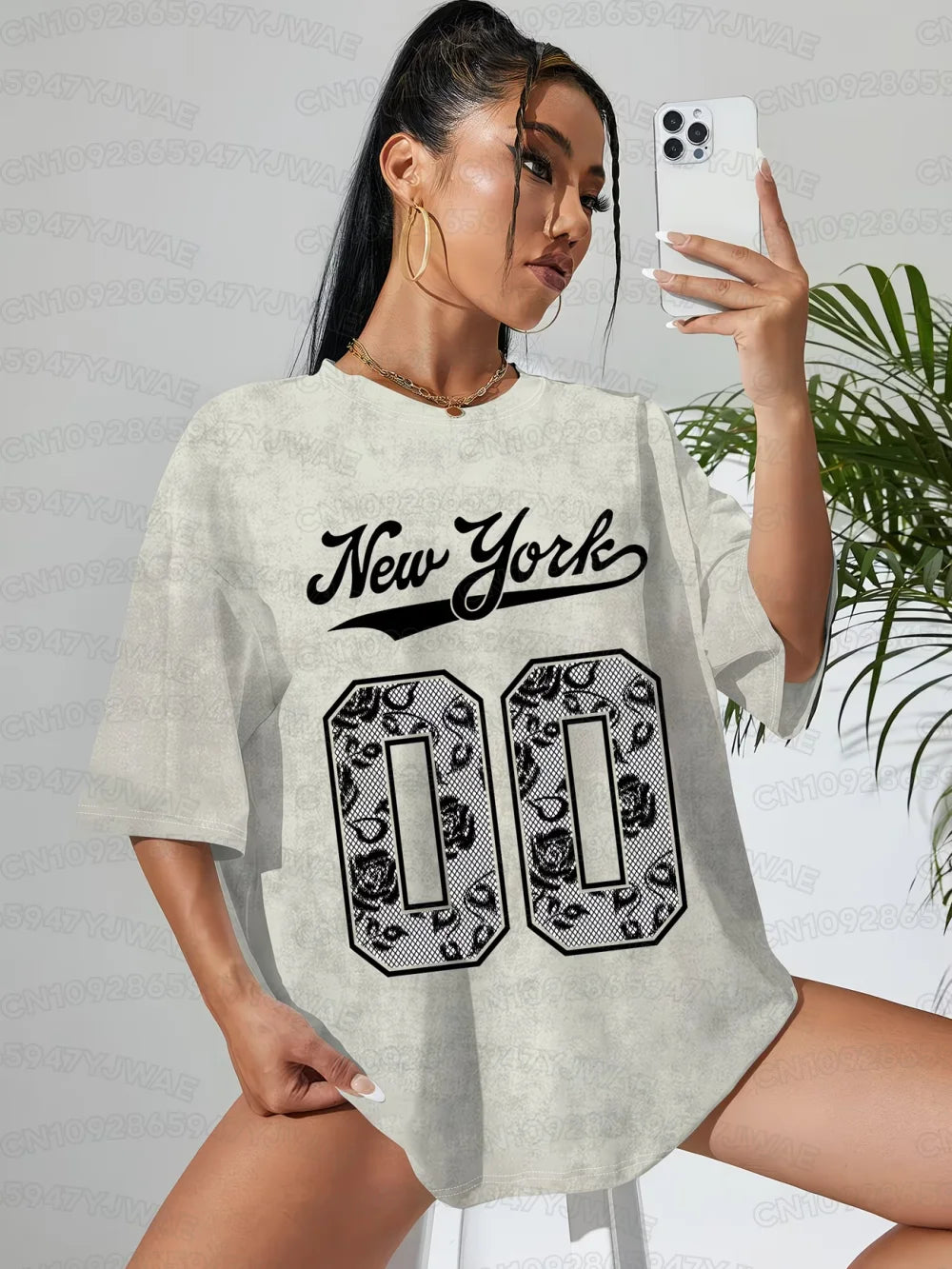 V-neck short-sleeve tie-dye T-shirt in heather gray with 'New York 10' graphic