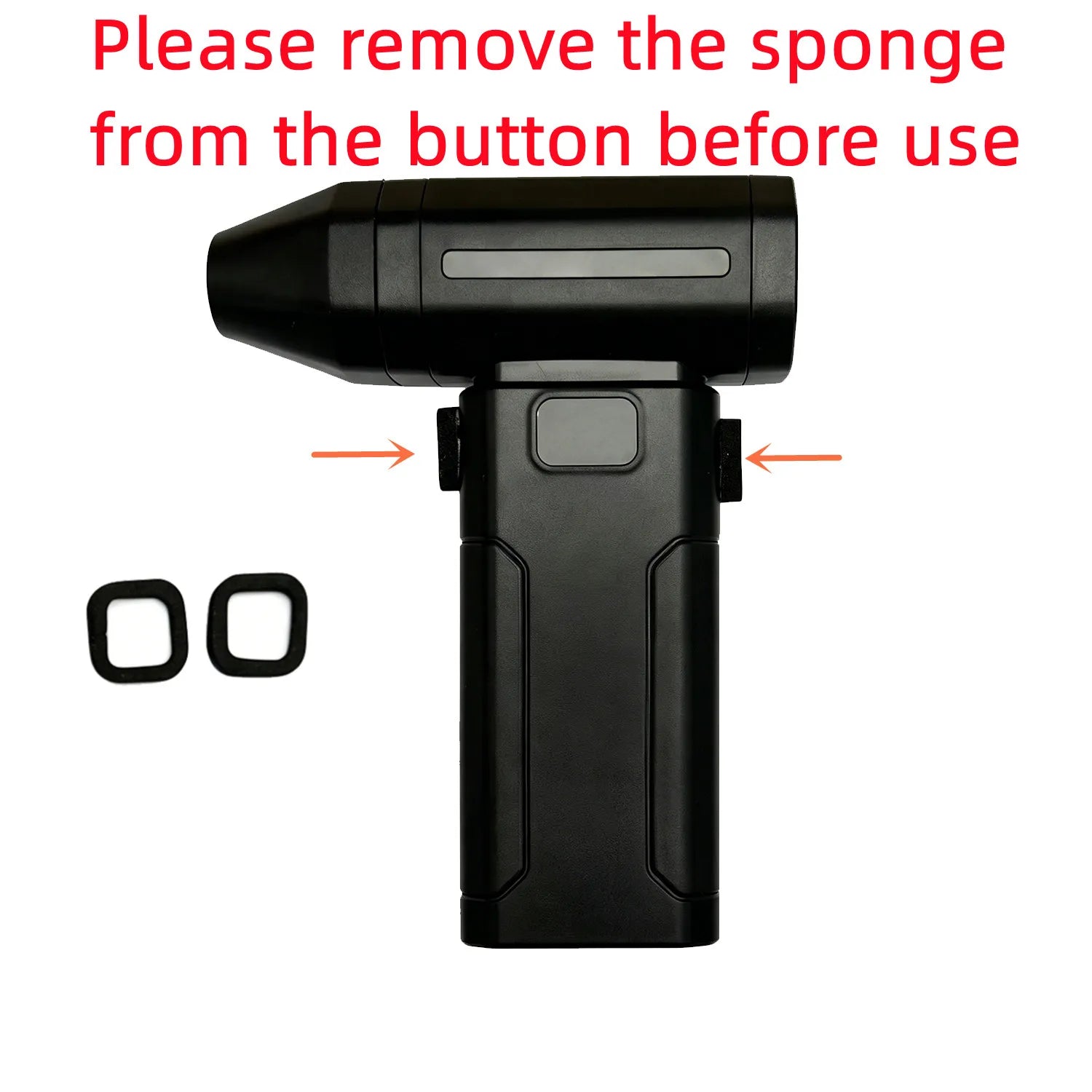 Black handheld air blower fan with removable sponge button area indicated