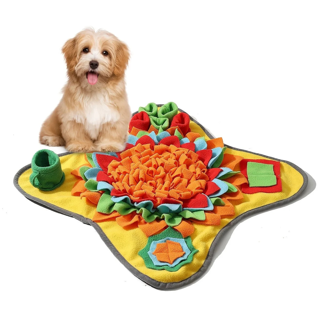 Multicolor fleece snuffle mat with flower-like puzzle textures and looped pockets