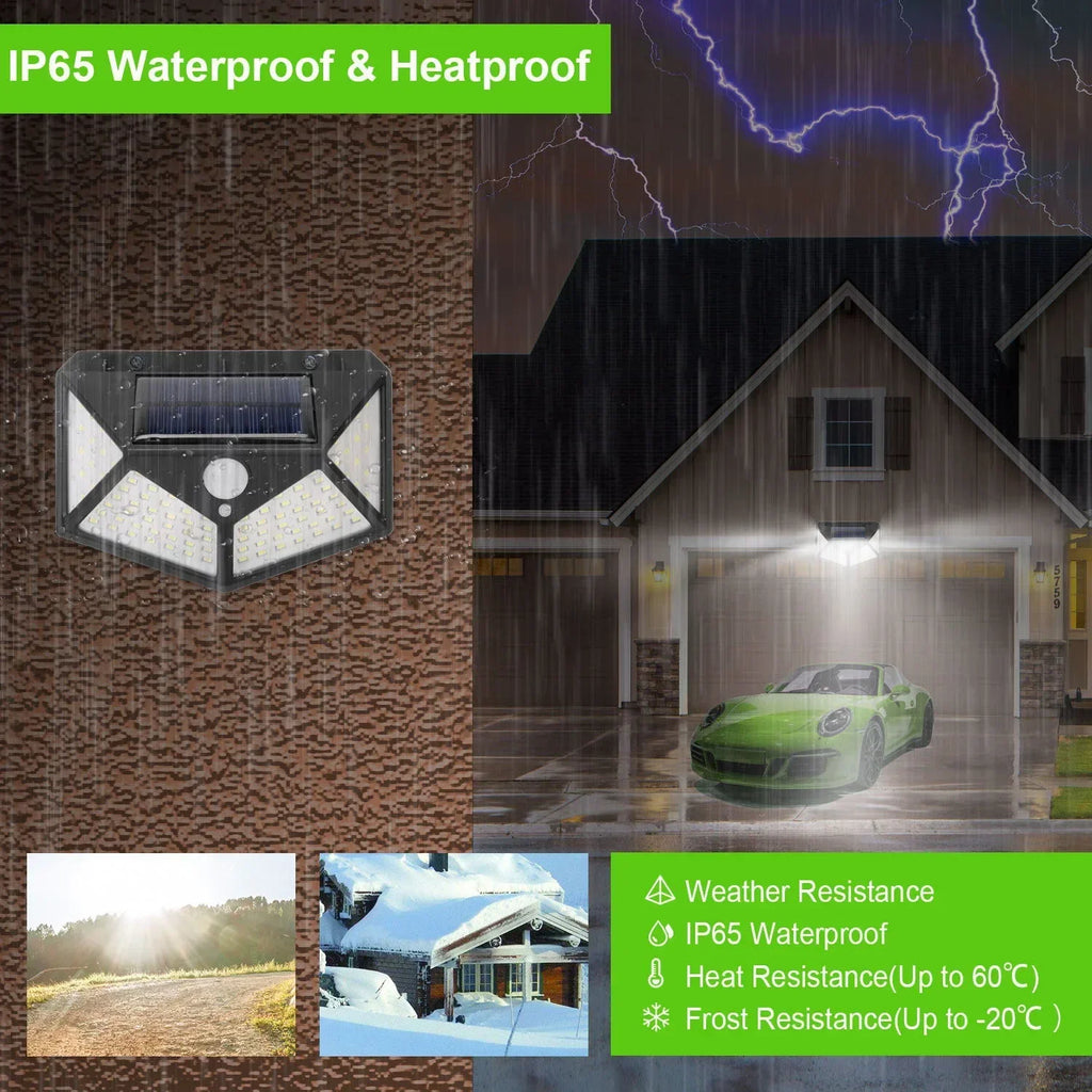 Weatherproof solar LED motion sensor spotlight on wall, black fixture with LED array