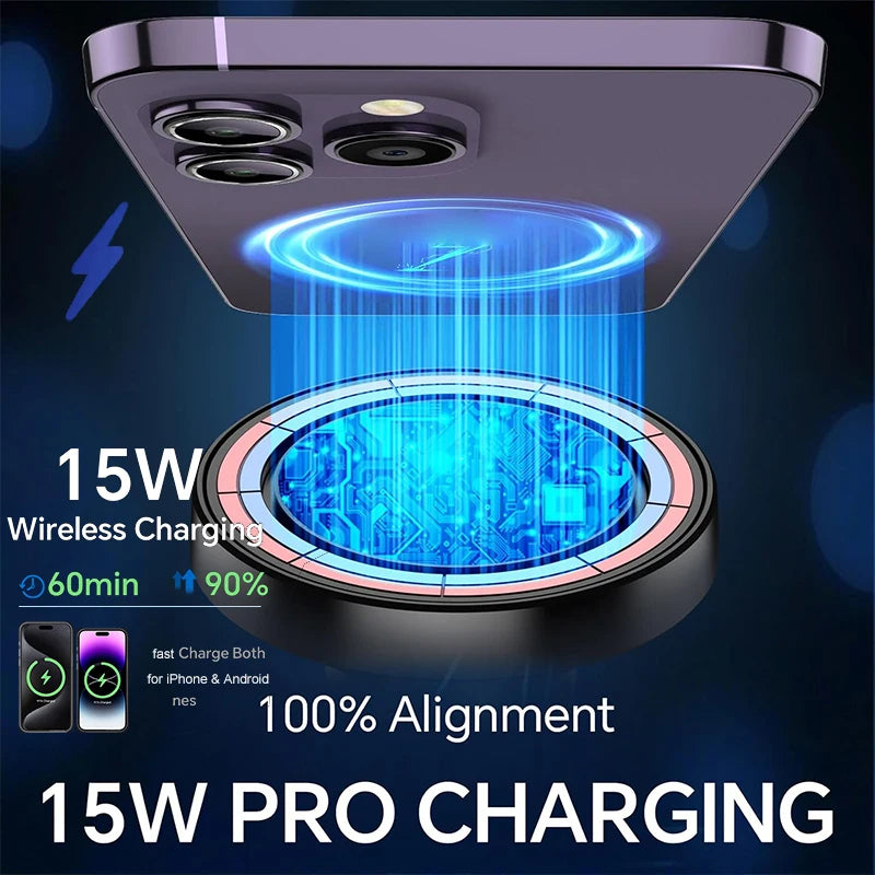 Black wireless charging car phone mount with illuminated magnetic charging area