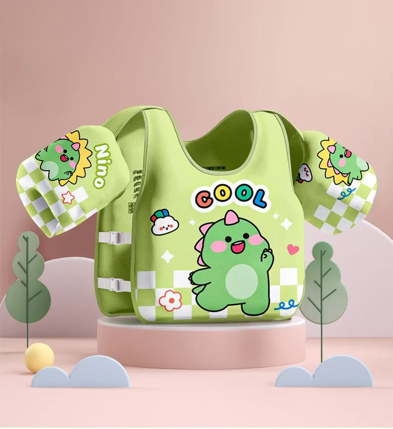 Green kids swim buoyancy vest with cartoon dinosaur, short arm float sleeves, front straps