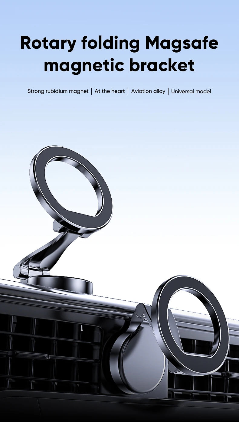 Black rotary folding MagSafe magnetic bracket with round ring on a car air vent