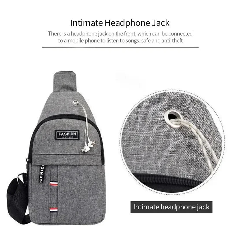 Gray sling fanny pack with front pocket and headphone-jack feature inset