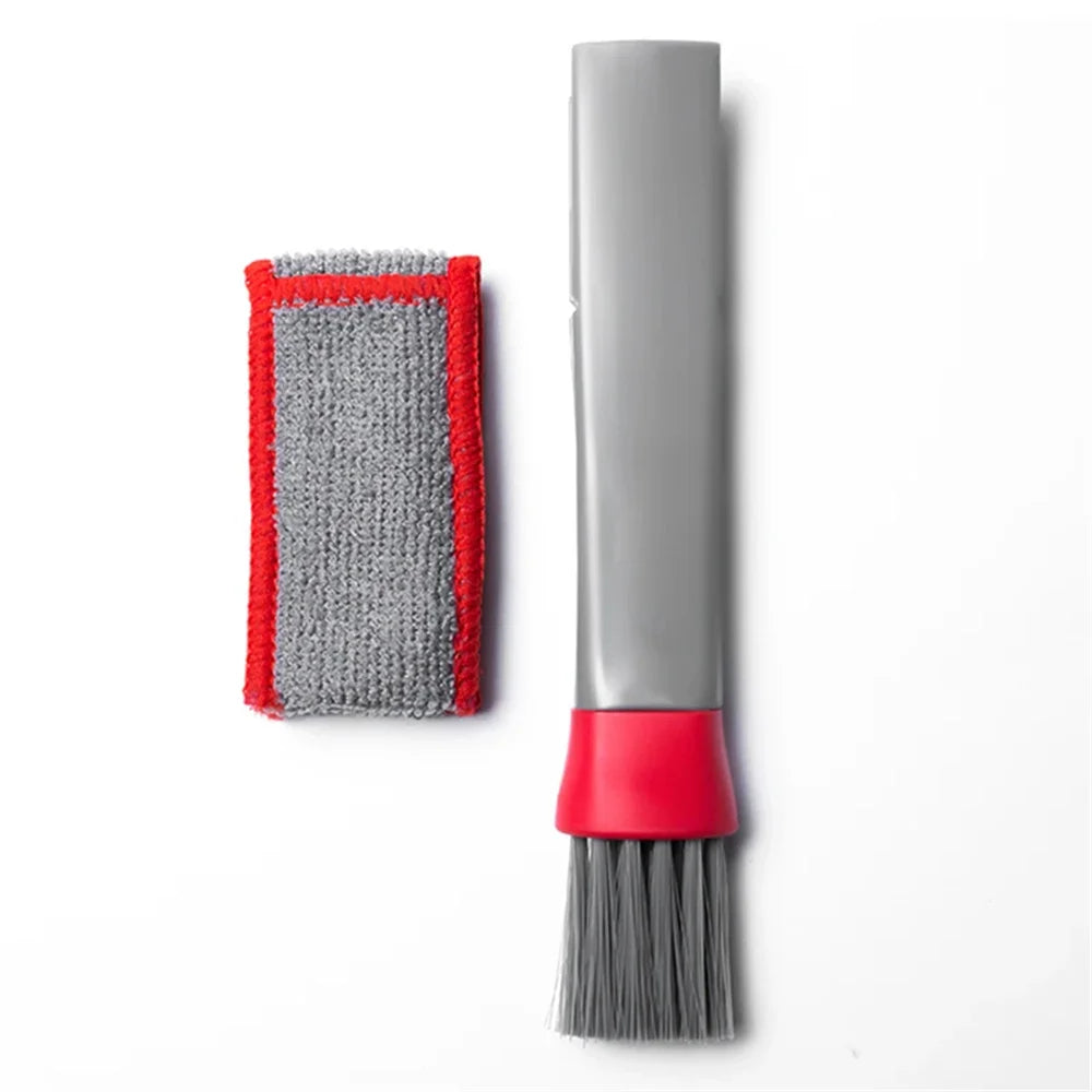 Car cleaning brush set with gray scrubbing pad and gray-and-red bristle head