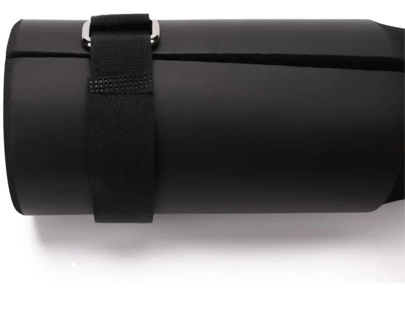 Black foam bar pad sleeve with adjustable webbing strap for barbell comfort