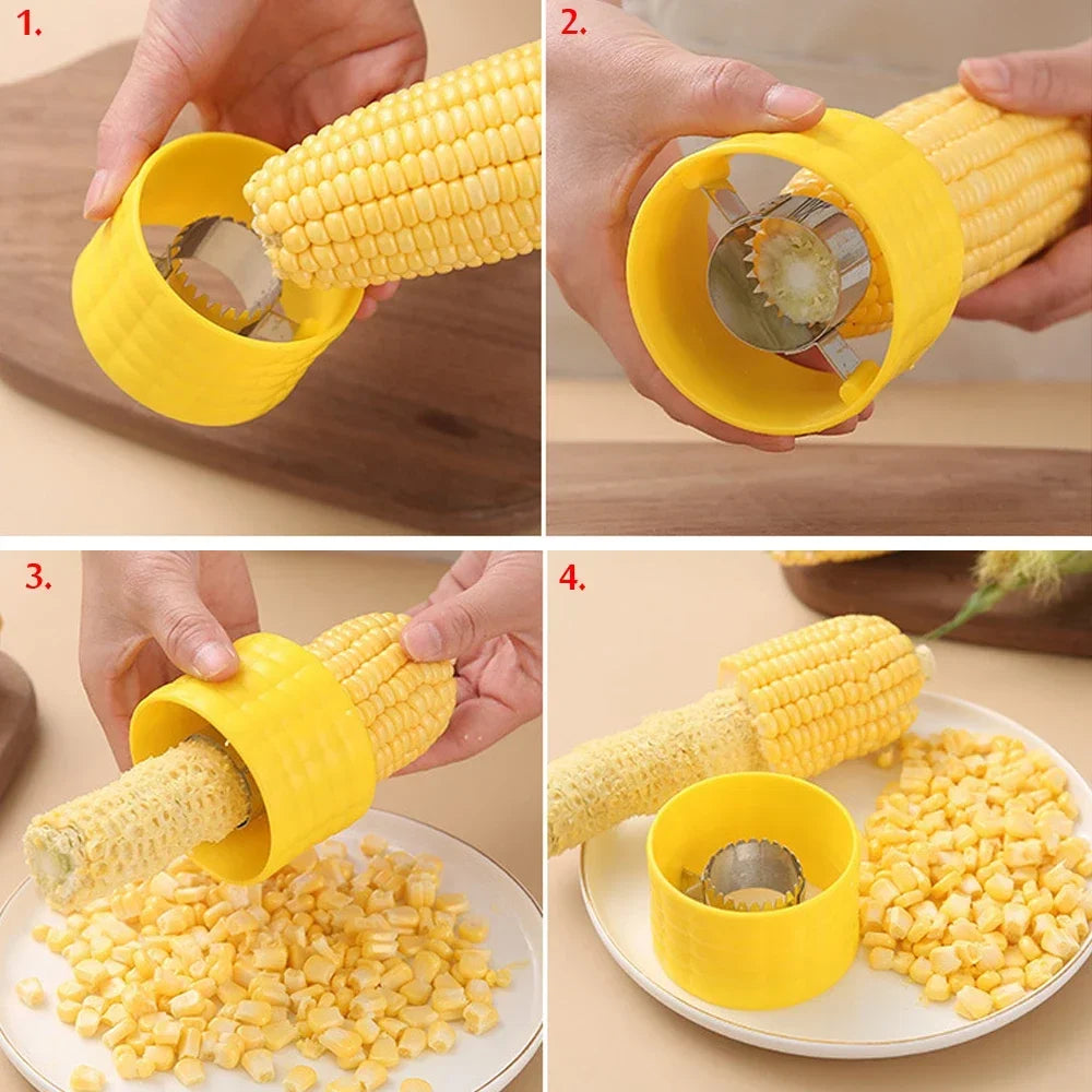 Yellow corn cob stripper peeler with serrated wheel, cutting corn kernels in hands.