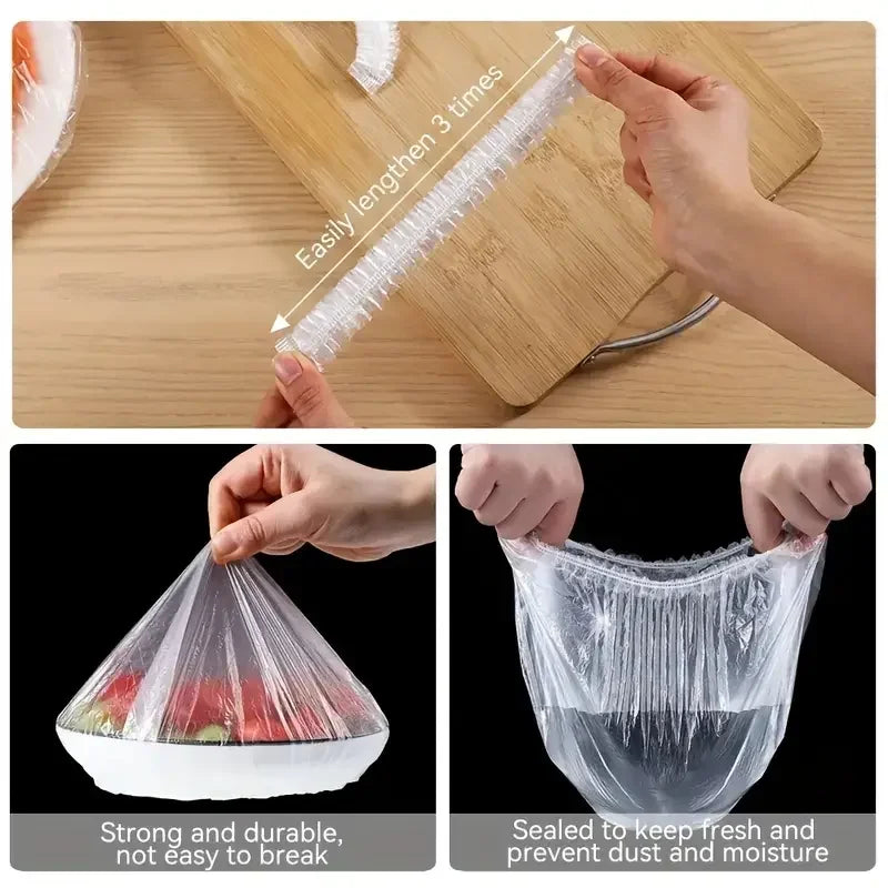 Disposable clear food cover wrap roll, stretched and sealed over food containers