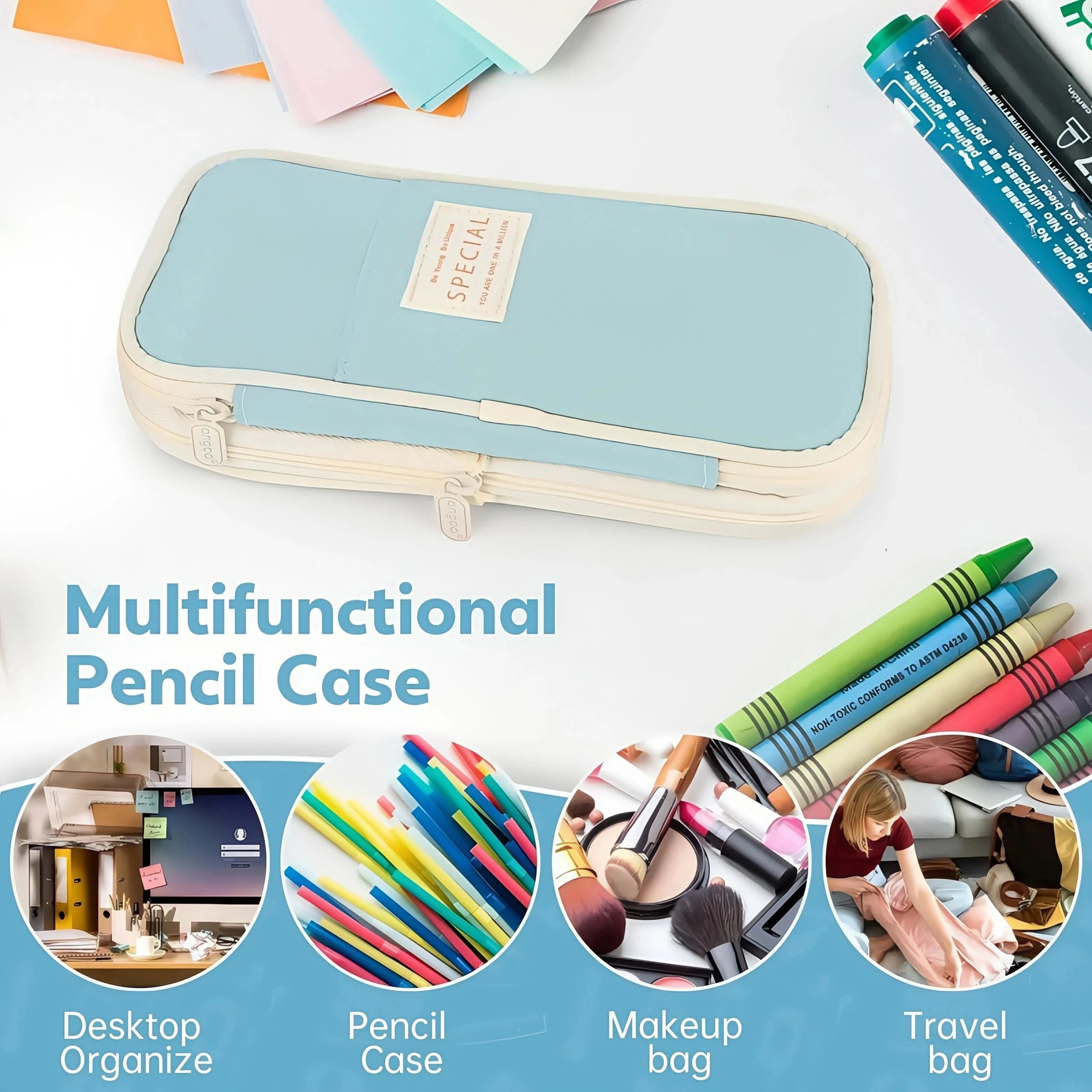 Sky blue pencil case with fabric front panel, beige zipper and small label patch