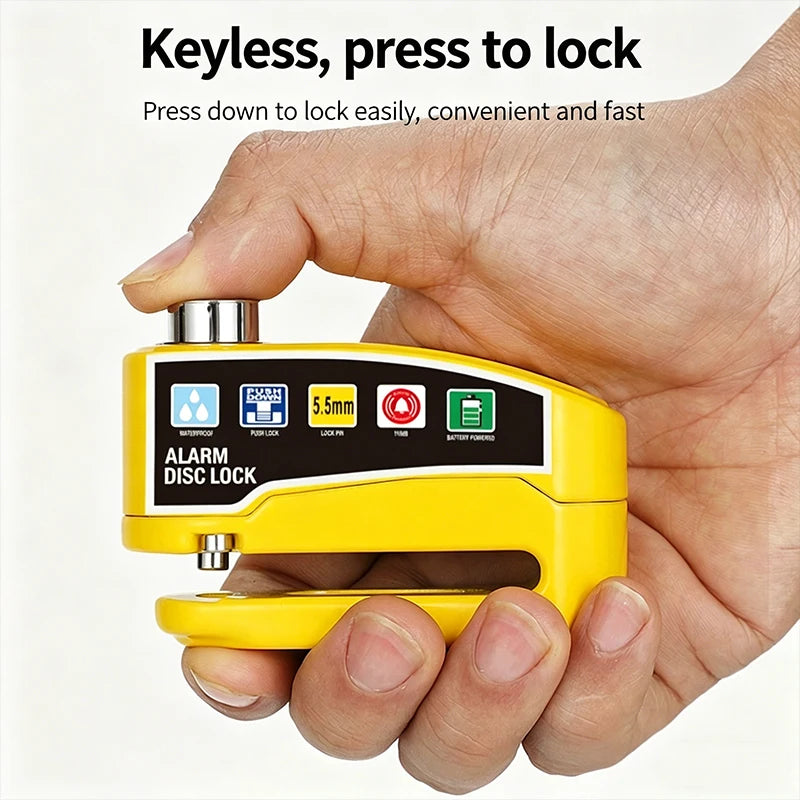 Yellow disc brake alarm lock with keyless press-to-lock button and indicator labels