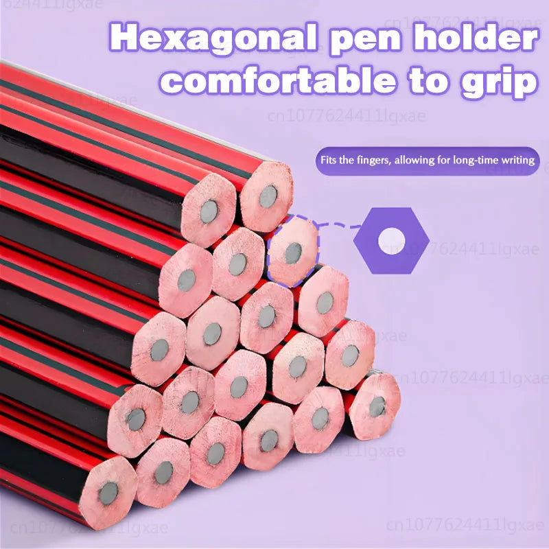 Stack of red-and-black HB pencils with hexagonal-style grip barrels.