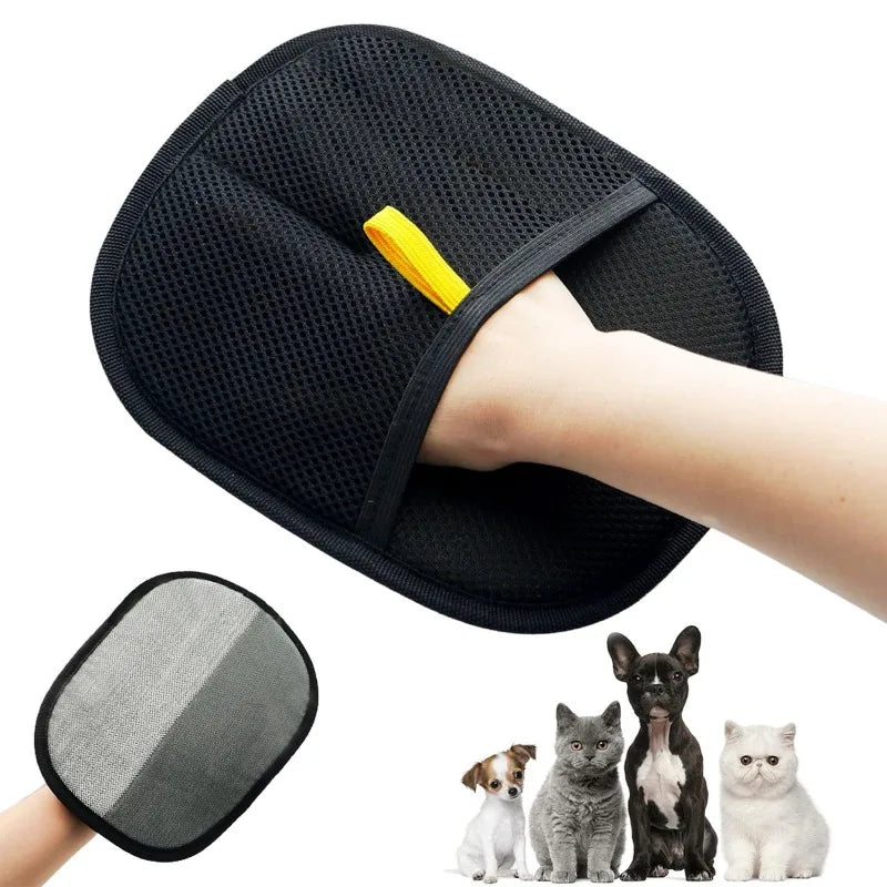 Black pet grooming mitt with yellow tab and separate gray brush pad included