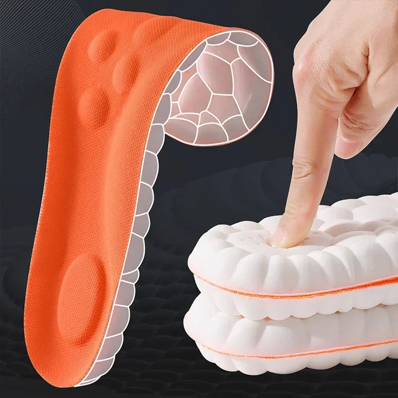 Orange running insole and white 4D foam insole with honeycomb cushioning outline