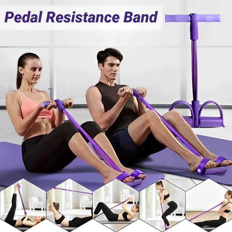 Purple pedal resistance band stretched between hands and foot pedals during workout.
