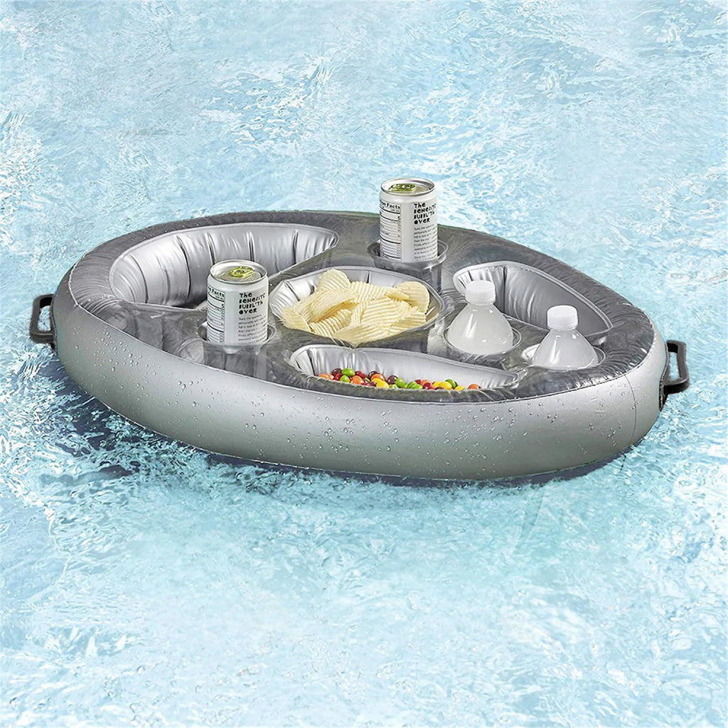 Gray inflatable drink cooler float with cup holders and bottle rests