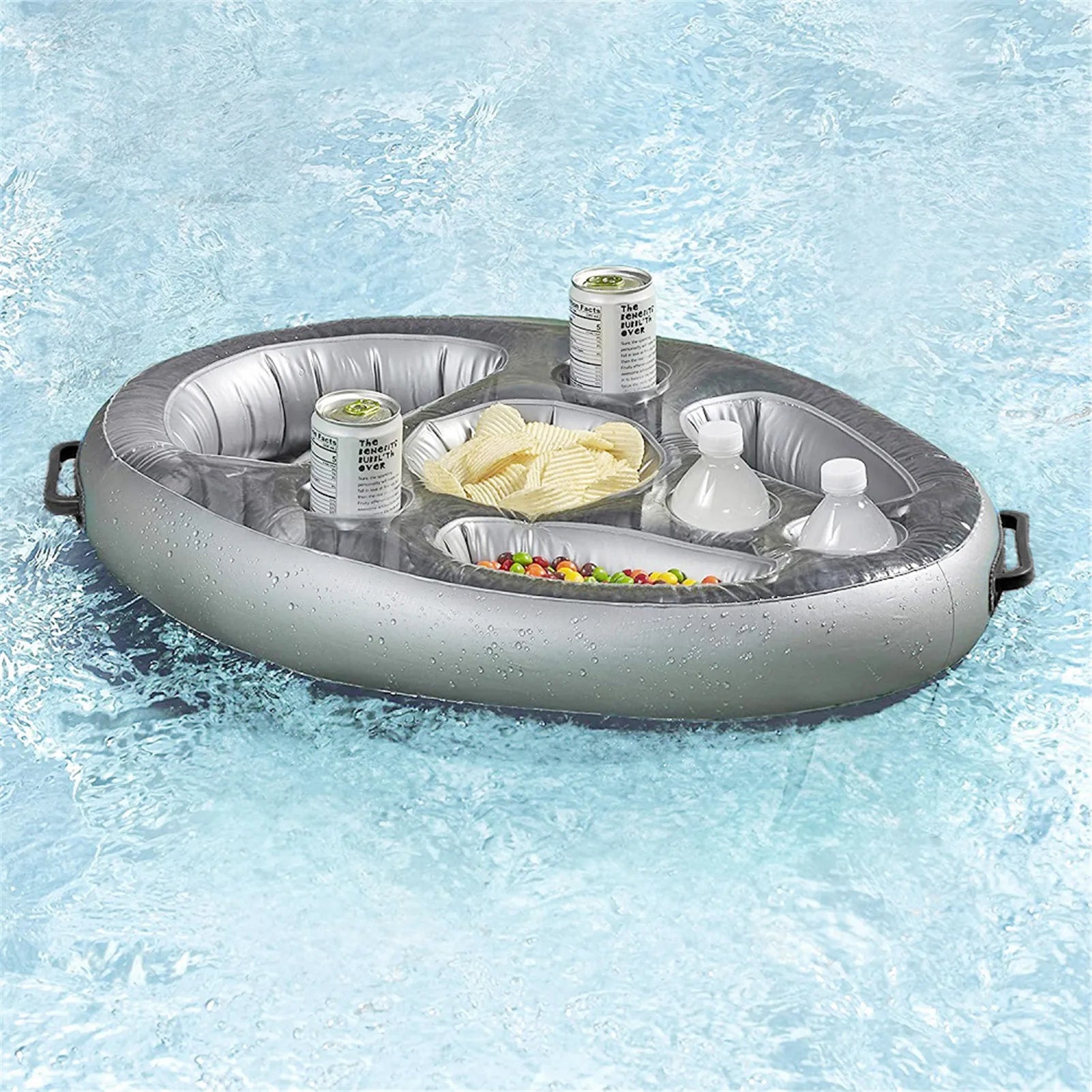 Gray inflatable drink cooler float with cup holders and bottle rests