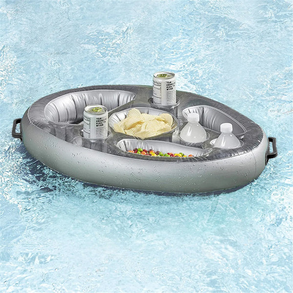 Gray inflatable drink cooler float with cup holders and bottle rests