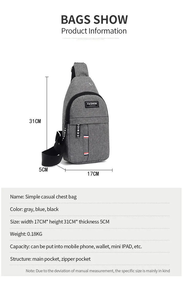 Gray crossbody fanny pack, side view with front zip pocket and adjustable strap