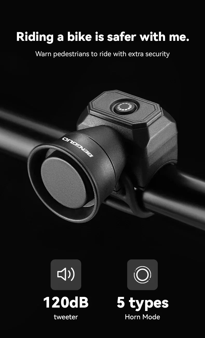 Black bike electronic horn bell with front speaker grille and handlebar mount