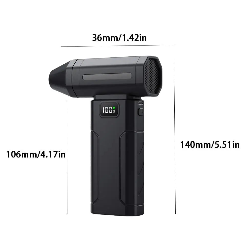Black handheld electric fan blower with dimensions shown on diagram