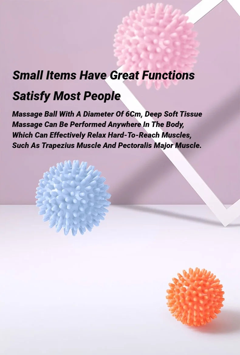 Pink, blue, and orange spiky massage balls with small rounded knobs for recovery