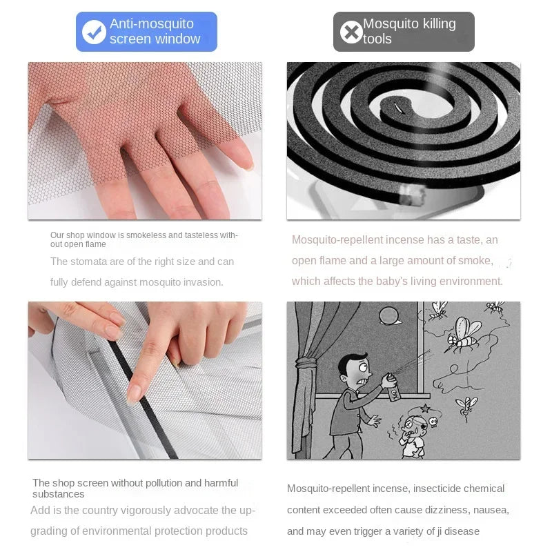 Anti-mosquito window screen mesh with adhesion and tools illustration panels