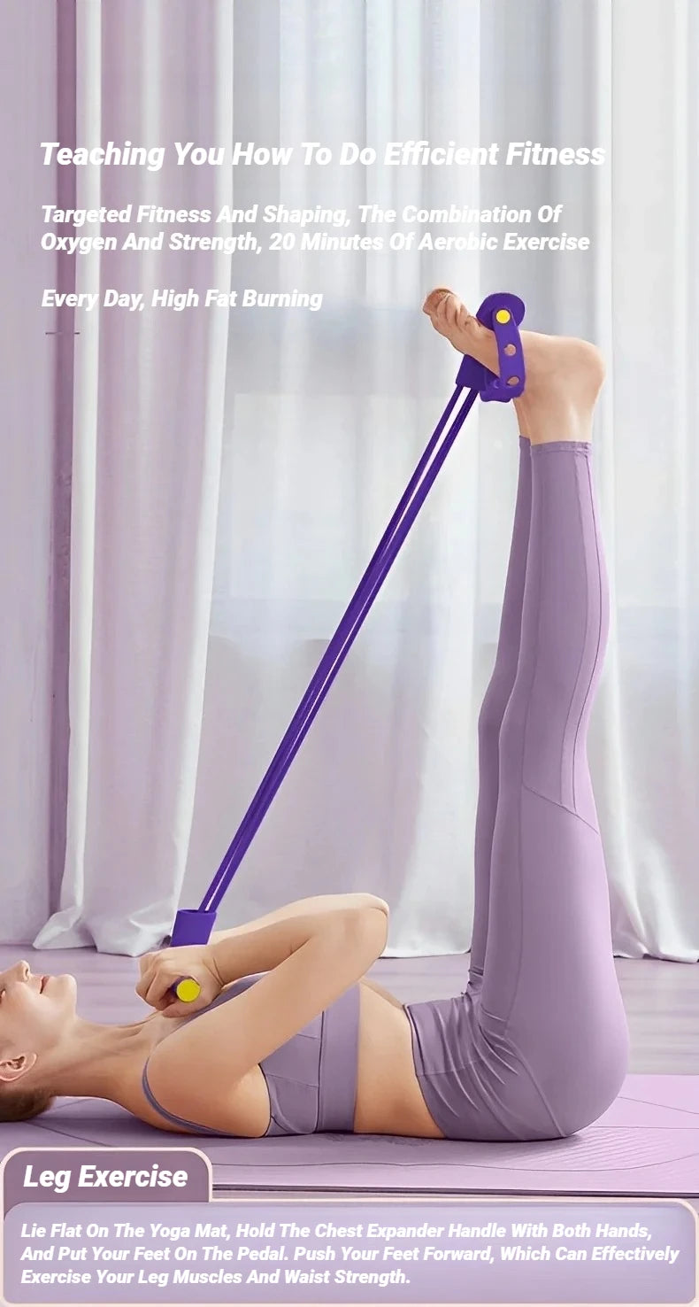 Purple pedal resistance band used for leg stretching with foot pedal and handle.