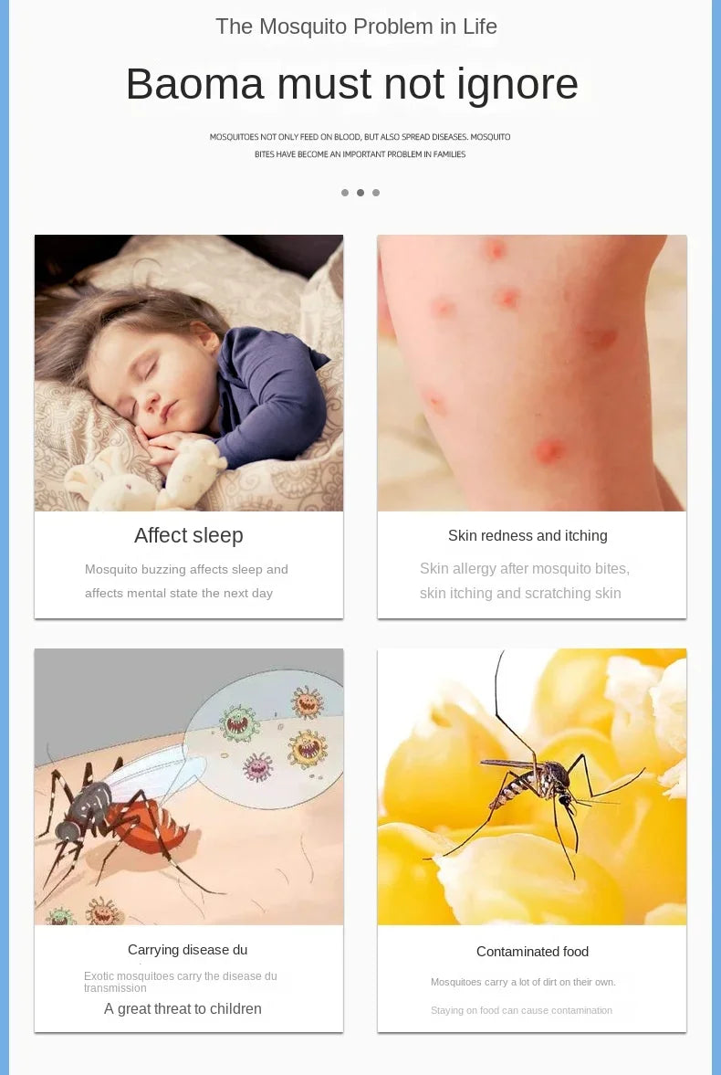 Anti-mosquito screen window protection infographic with skin and insect icons