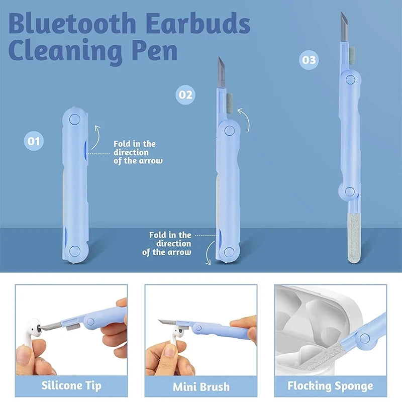 Bluetooth earbud cleaning pen with silicone tip and mini brush