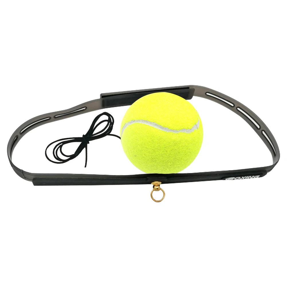 Yellow reflex punch ball on black elastic headband with tether cord and gold ring