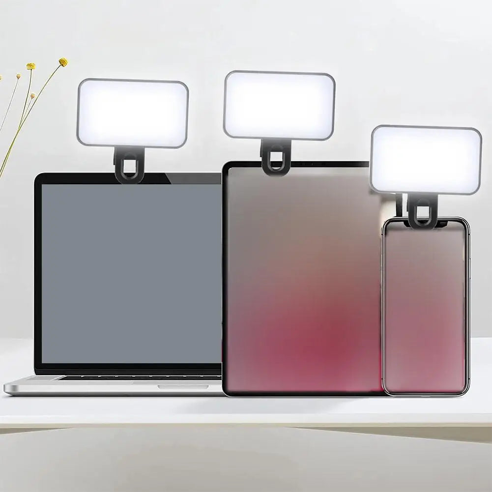 Clip-on pocket LED selfie light with rectangular diffuser, for phone, tablet, or laptop