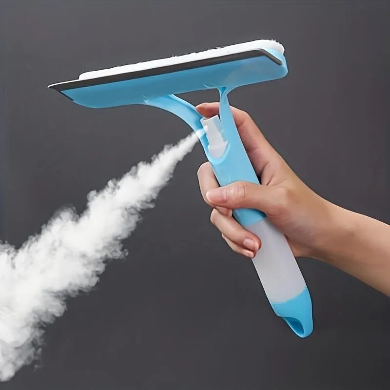 Blue and white window squeegee wiper with hand sprayer trigger, rubber edge