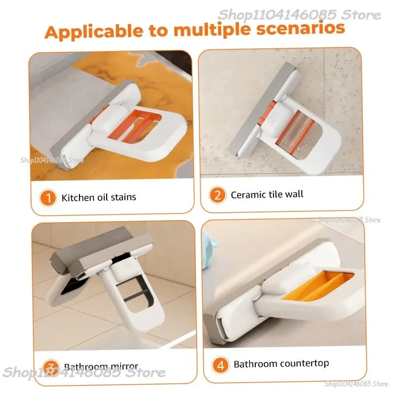 White mini cleaning mop with orange sponge head in different angles for tabletop and wall surfaces