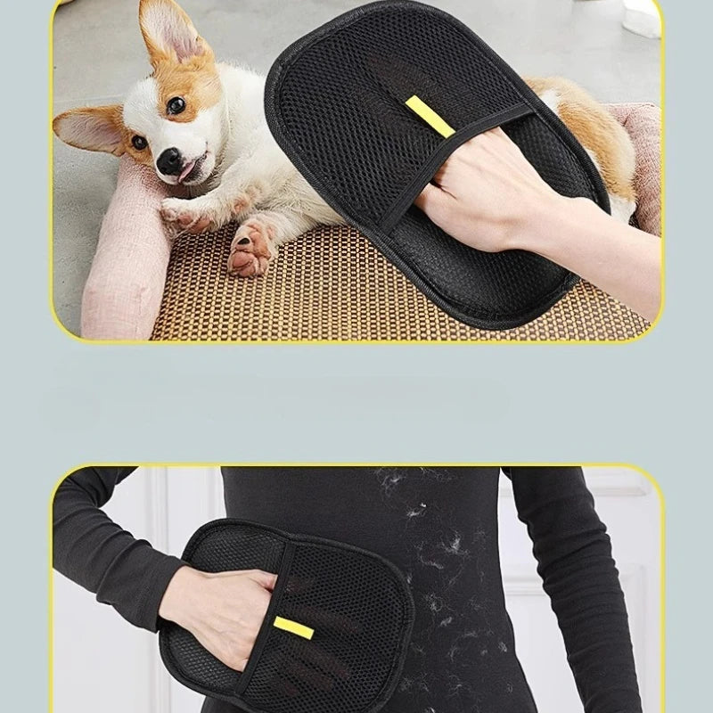 Black pet hair remover glove brushing a dog on a textured mat