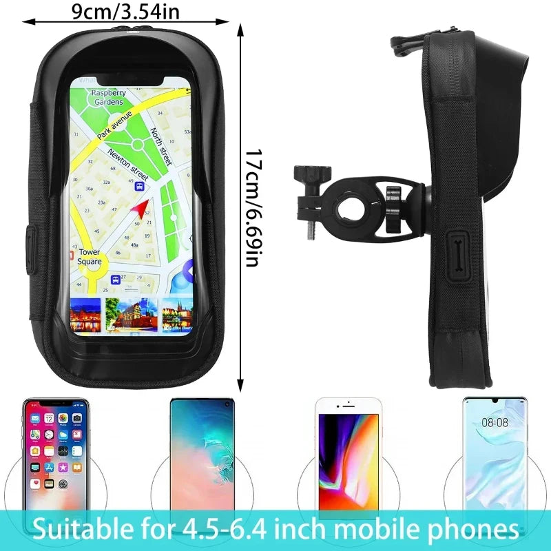 Waterproof phone frame holder with clear window and black handlebar mount