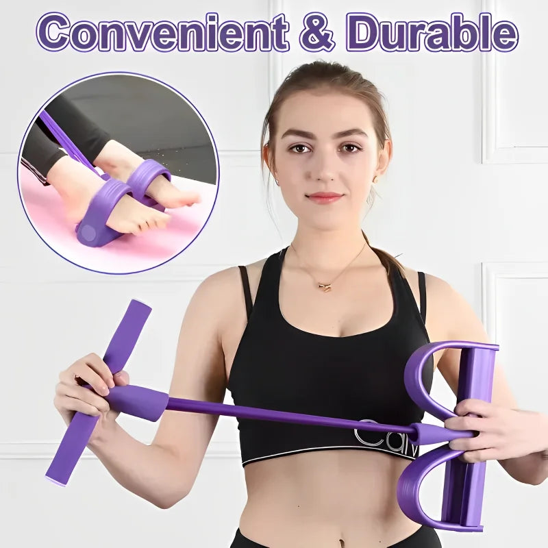 Purple four-tube pedal resistance band held by hands with foot pedals visible.