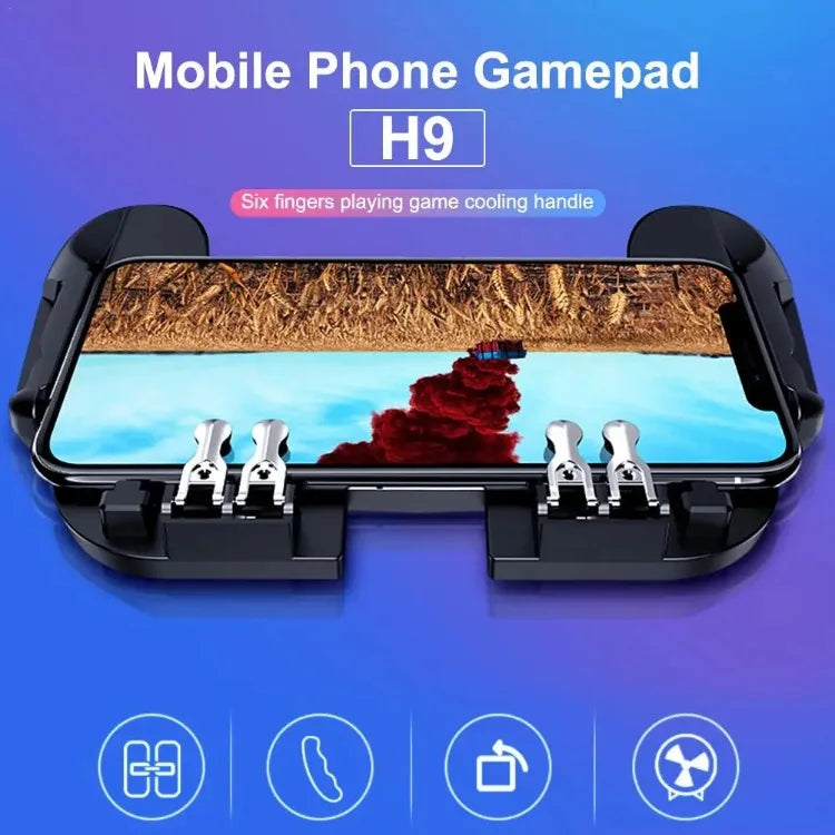 Black mobile phone gamepad controller with six finger triggers, phone mount, cooling base